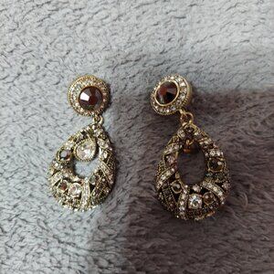 Heidi Daus Antique Gold Teardrop Shaped Crystal Embellished Dangle Earrings